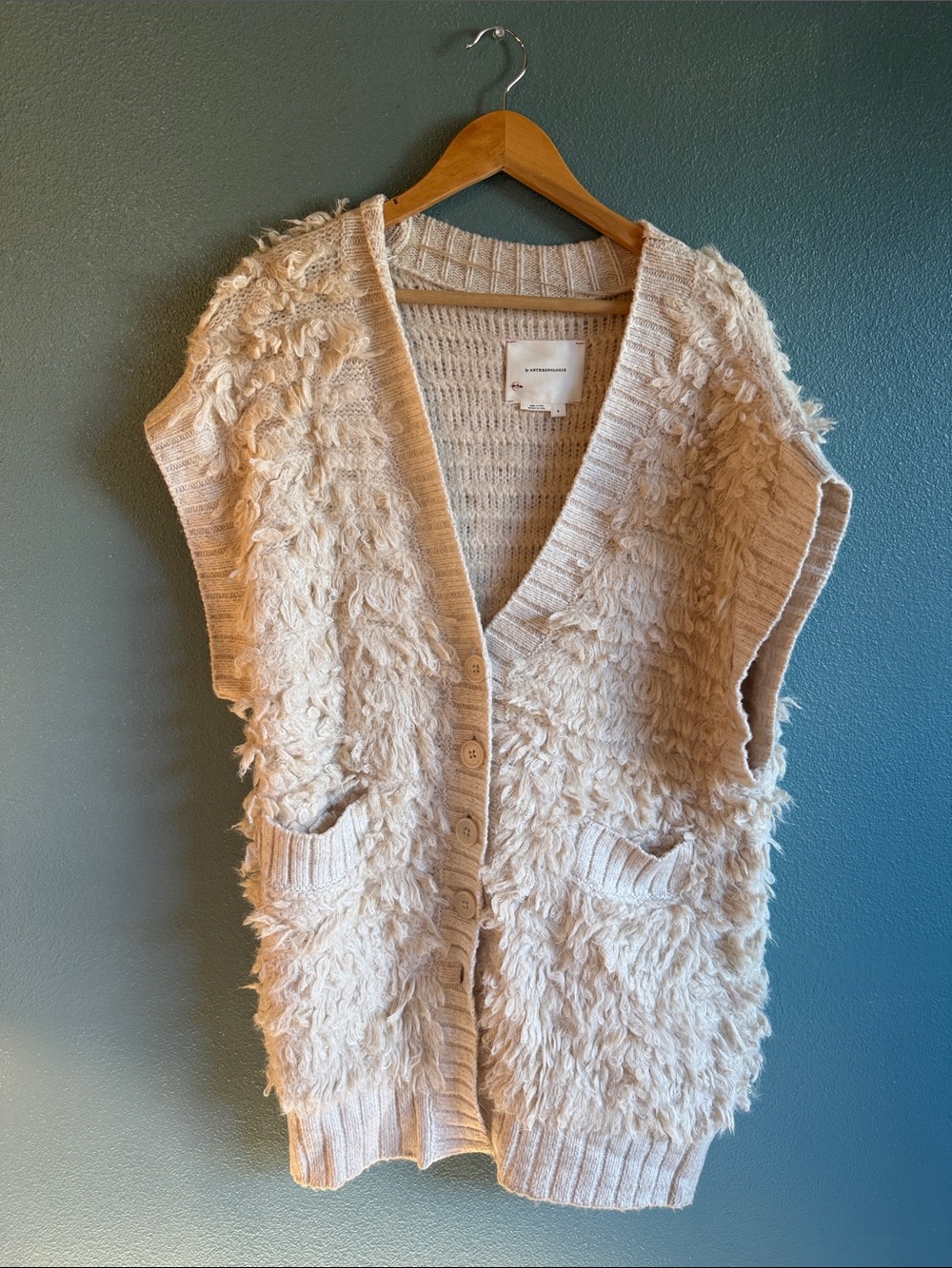 Anthropologie Cream Shag-Texture Button Vest